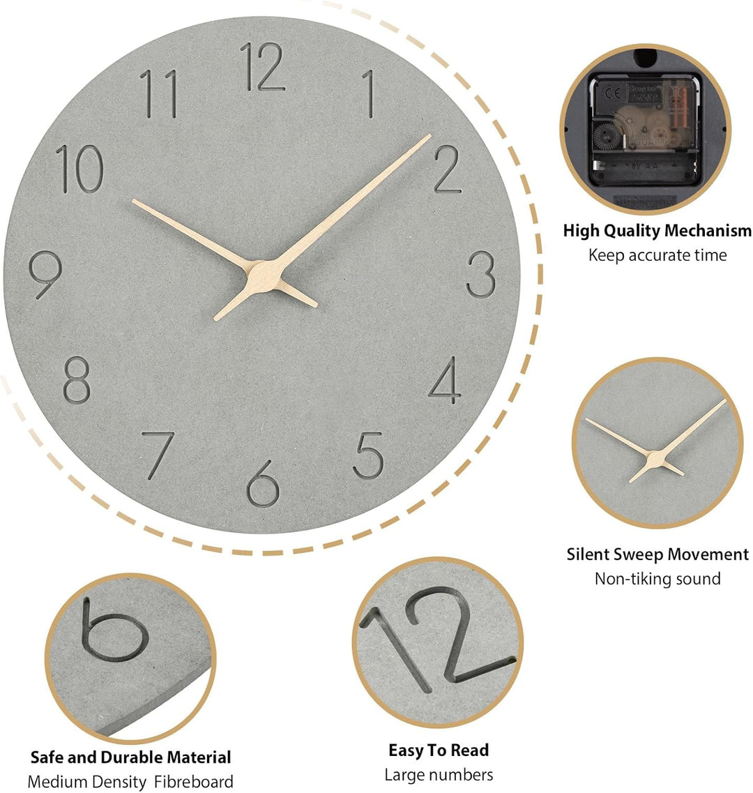 Warminn MDF Holz Wanduhr Ohne TickgeräUsche Lautlos Modern 30cm Quarz Gross Batterie Betriebene Wand