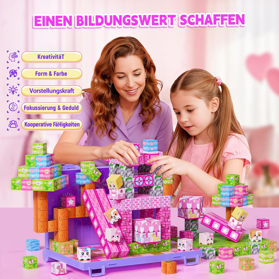 Magnetische Bausteine 84 Teile, Magnetblöcke Fliesen mit Klappbarer Grundplatte, Bauen Prinzessin Sc