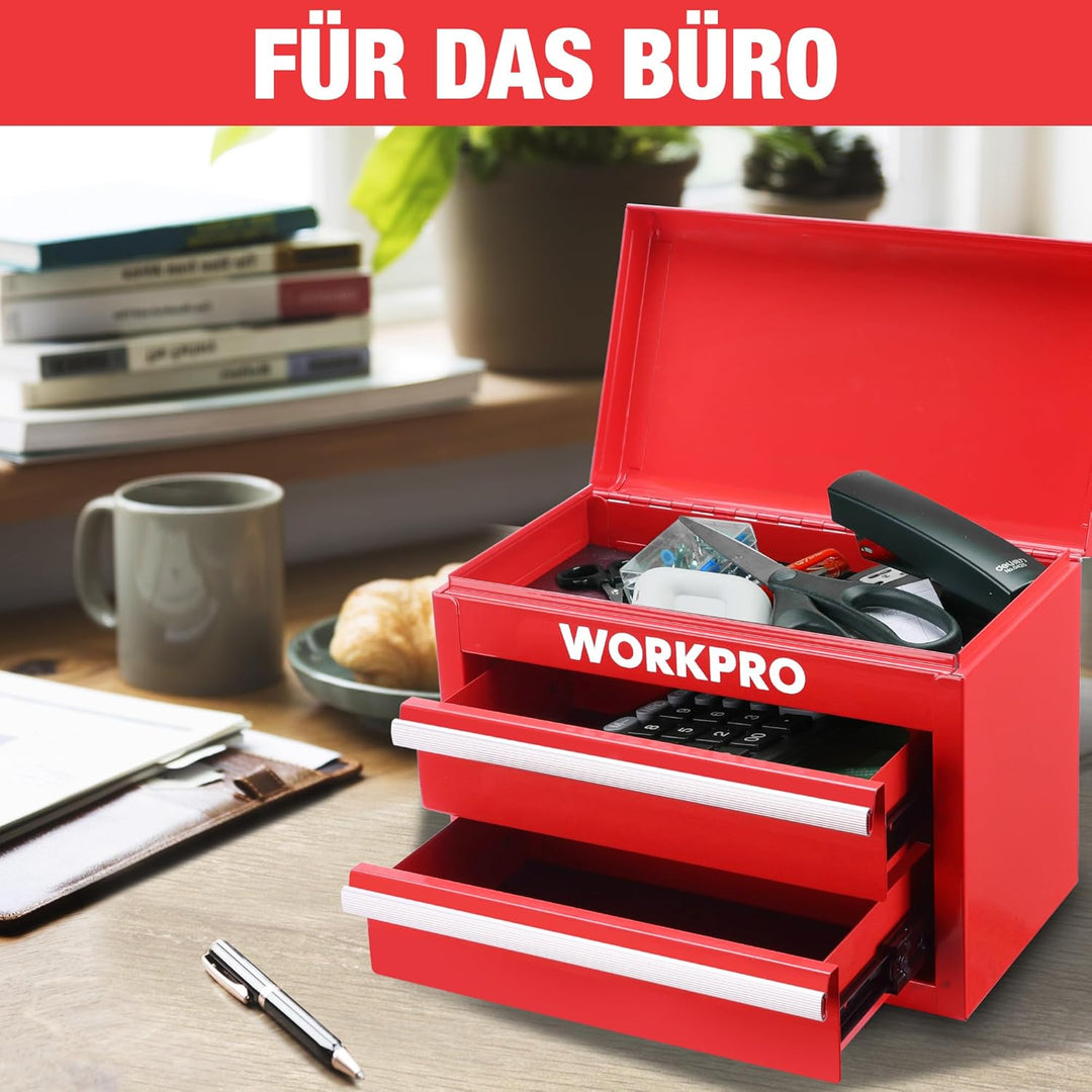 WORKPRO Metall Schubladenbox mit 2 Schubladen & Oberer Stauraum Rot, 27,5x15x20,8cm Tisch Organizer