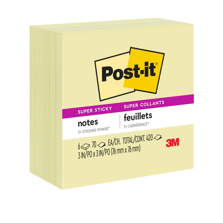 Post-it Super Haftnotizen, 7,6 x 7,6 cm, 6 Blöcke, 2 x Haftkraft, Kanariengelb (654-6SSCY)