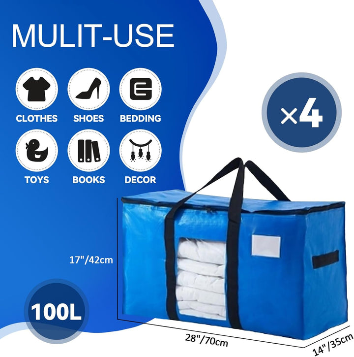 4er-Pack grosse blaue Umzugstaschen mit transparentem Fenster 100L wasserdichte Aufbewahrungstasche