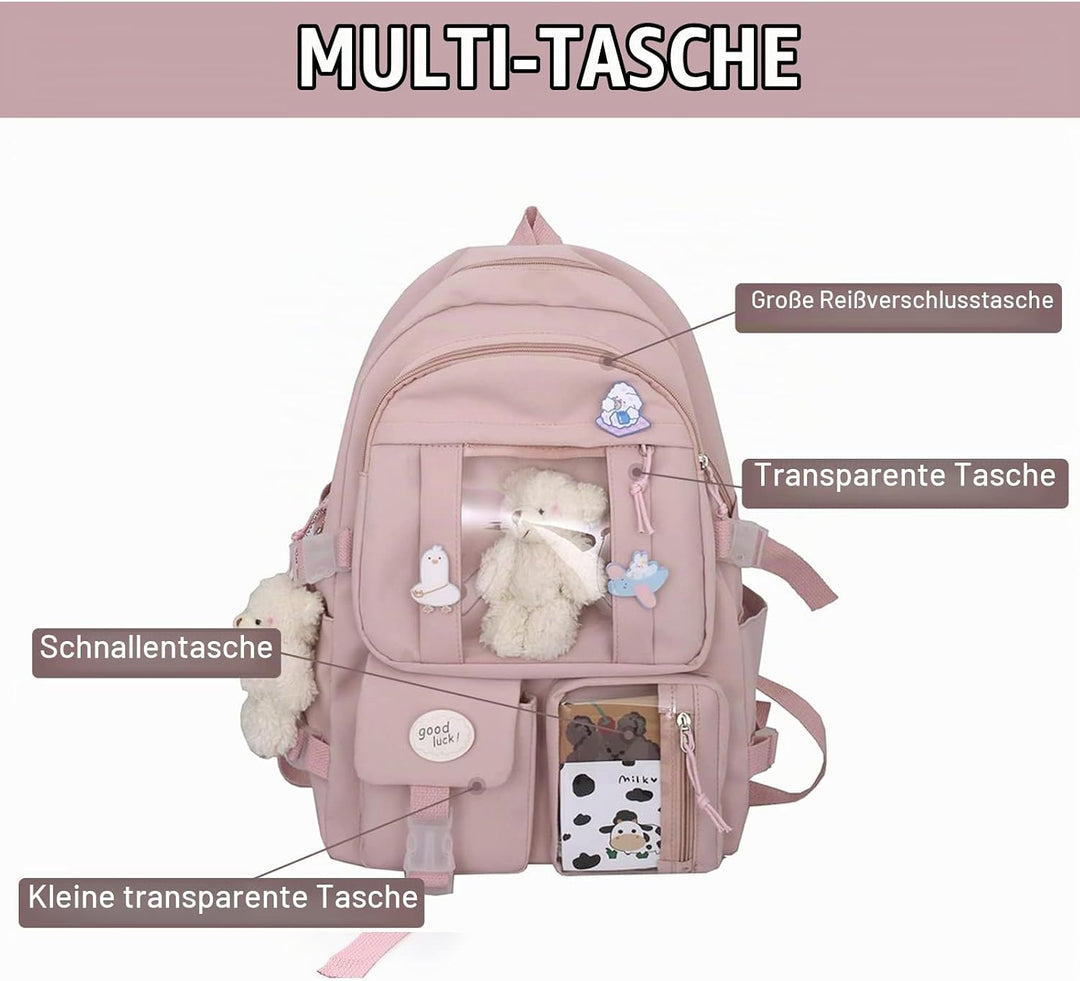 7VSTOHS Kawaii-Rucksack mit Kawaii-Anhänger und Zubehör für Teenager-Mädchen Rucksack-Schule Aesthet