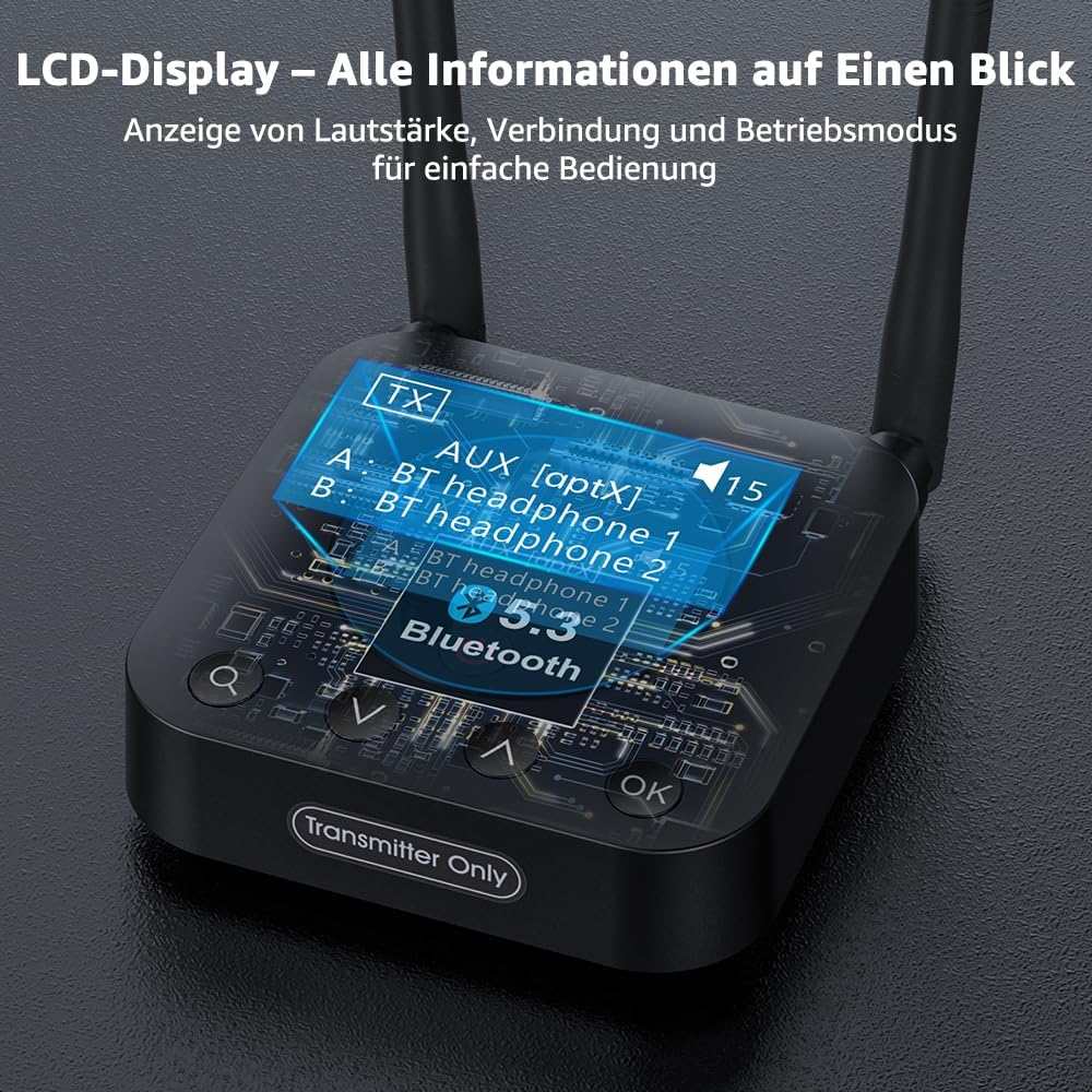 1Mii B06TX+ Bluetooth 5.3 Transmitter für TV mit Display, aptX Adaptive/HD/LL, Dual Link für 2 Kopfh