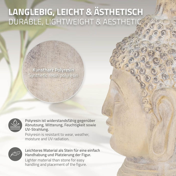 ECD Germany Buddha Figur 55 cm Beige/Grau, Kunststein Polyresin, Kopf Statue Skulptur Dekofigur Feng