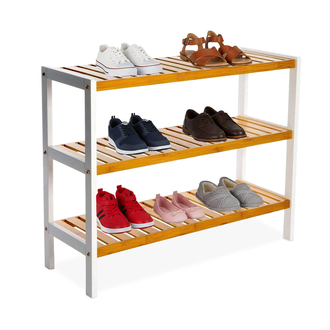 Relaxdays Schuhregal, HxBxT: 55 x 70 x 26 cm, Bambus, 3 Ebenen, 9 Paar Schuhe, Schuhständer Gitterab