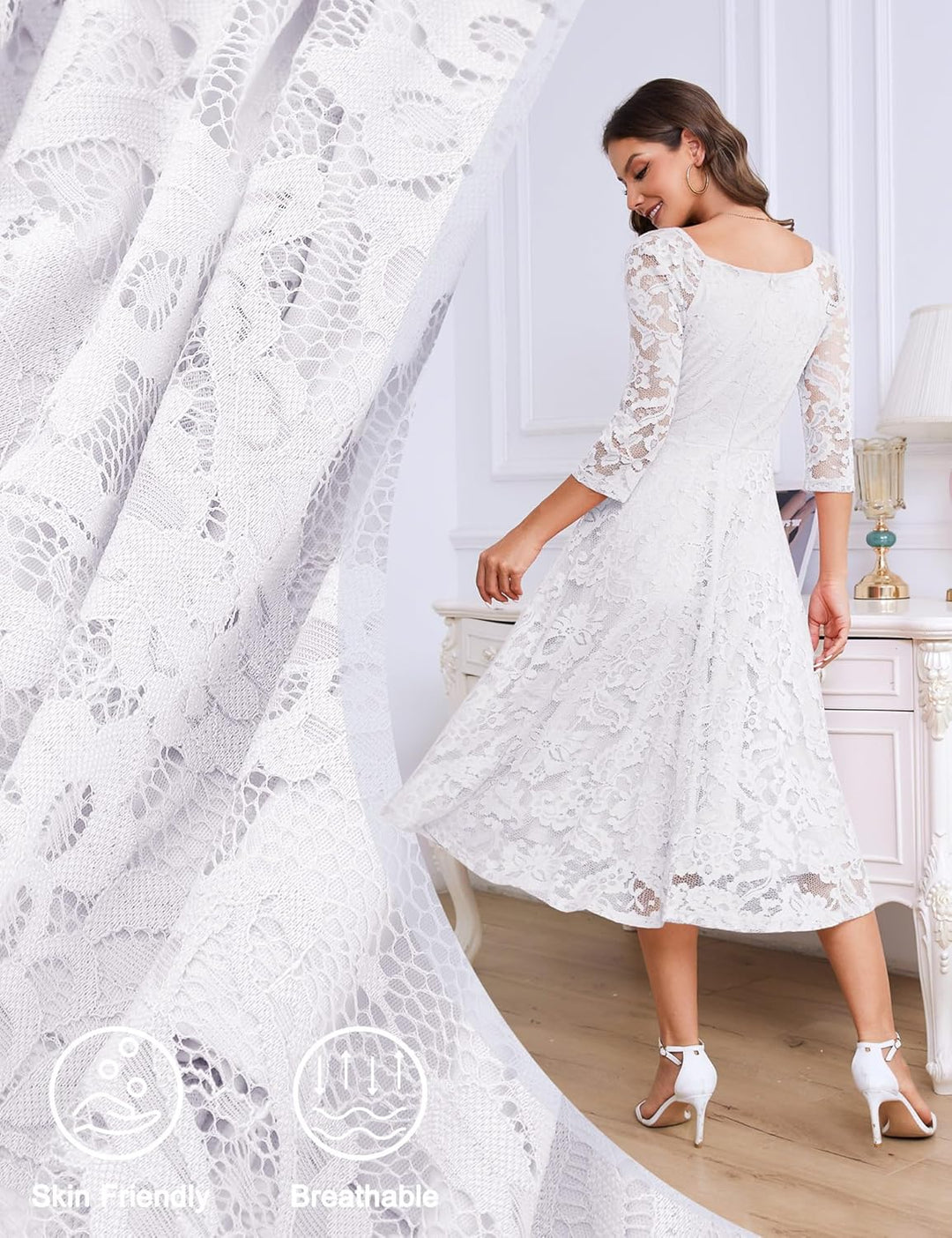 Dressystar Damen Elegant Spitzenkleid V-Ausschnitt Cocktailkleid Hochzeit Midi Abendkleider XXL Weis