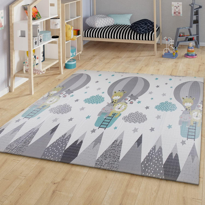 TT Home Kinder Matte Faltbar Spielmatte Krabbelmatte Berge Tier Motiv Wendbar, Farbe:Grau Petrol Cre
