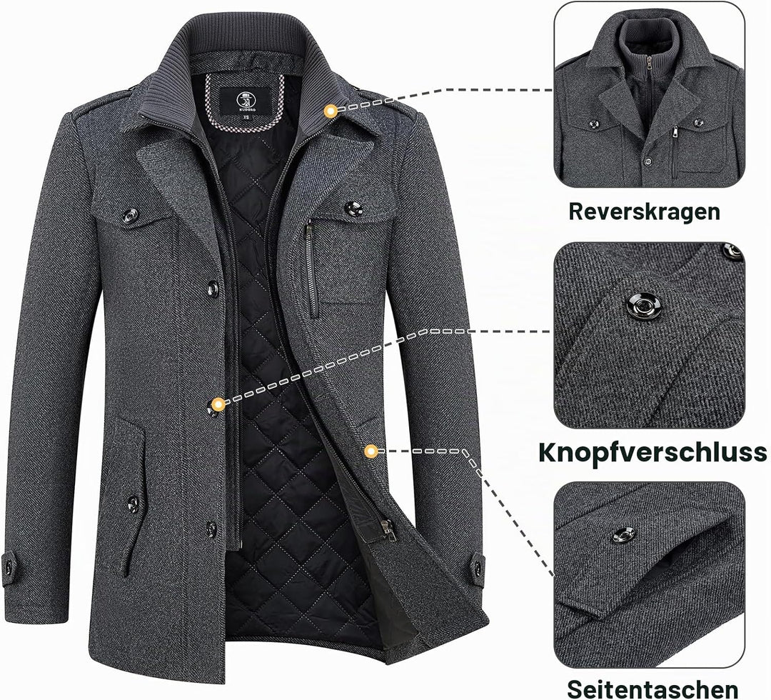 KUDORO Herren Wintermantel Wolle Kurzmantel Herren Wollmantel Mittellang Slim Fit für Business Freiz