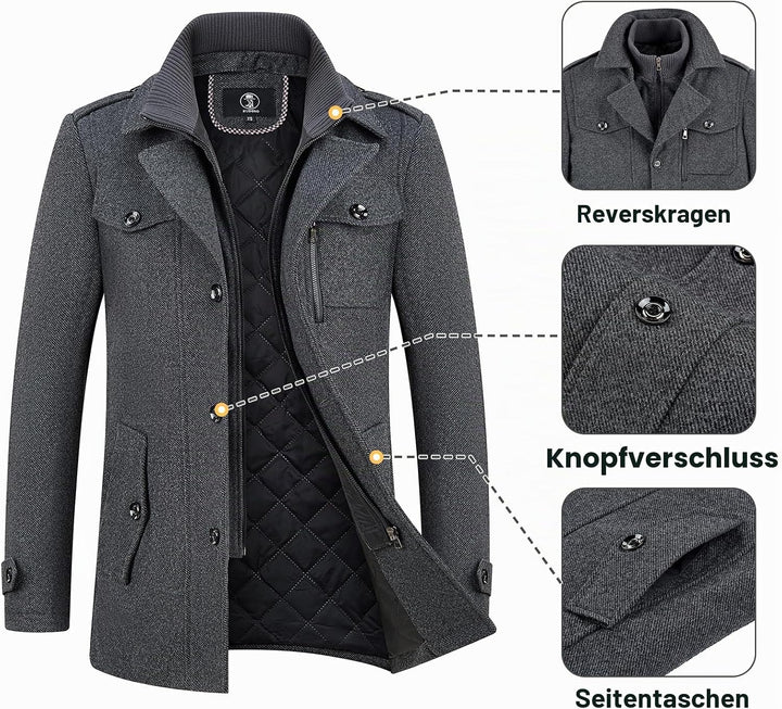 KUDORO Herren Wintermantel Wolle Kurzmantel Herren Wollmantel Mittellang Slim Fit für Business Freiz