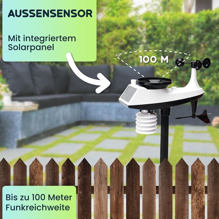 Profi Funk-Wetterstation mit Solar-Aussensensor – Niederschlag, Wind, Hygrometer & Wettervorschau –