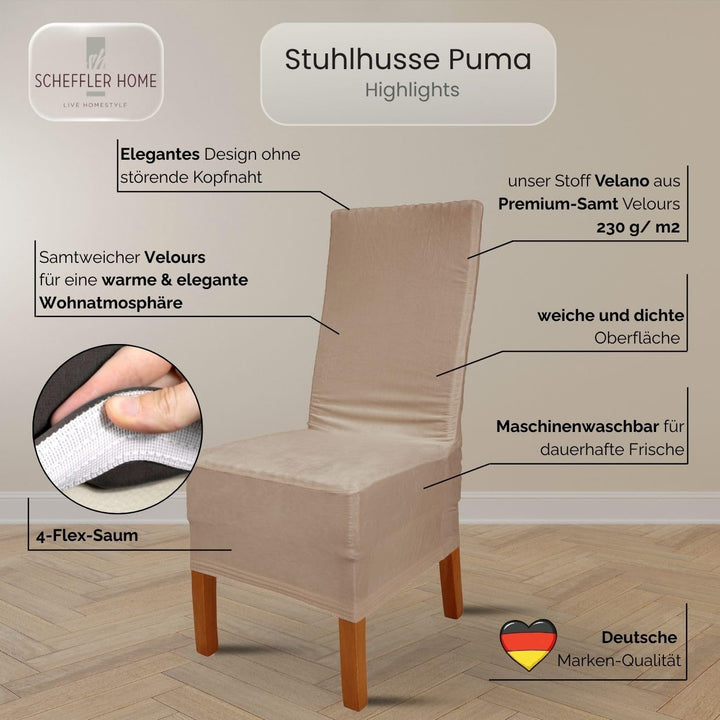 SCHEFFLER-Home Stretch Stuhlhussen Samt Puma Velvet/Velours Stuhlhussen 4er Set Grau lang/Stuhlabdec