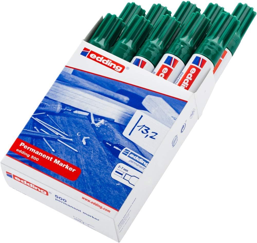 edding 500 Permanentmarker - grün - 10 Stifte - Keil-Spitze 2-7 mm - wasserfest, schnell-trocknend -