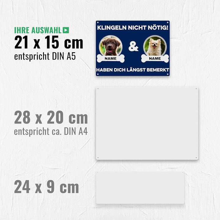 Hunde Schild personalisiert - Klingeln nicht nötig - Metallschild mit Foto und Name für aussen, wett
