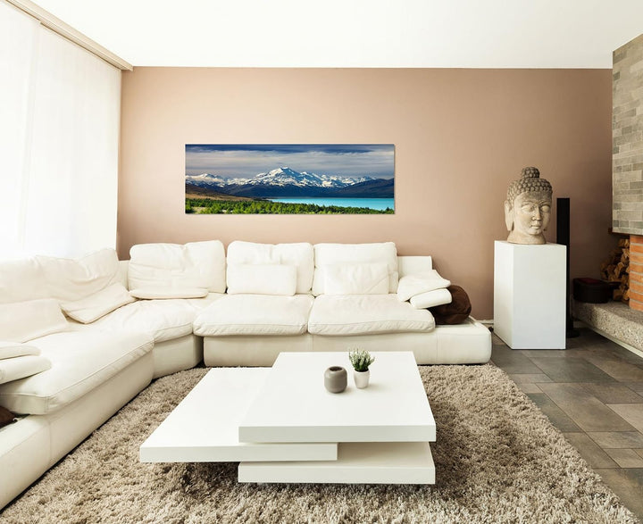 Paul Sinus Art Panoramabild auf Leinwand und Keilrahmen 150x50cm Neuseeland See Gebirge Schnee Wald
