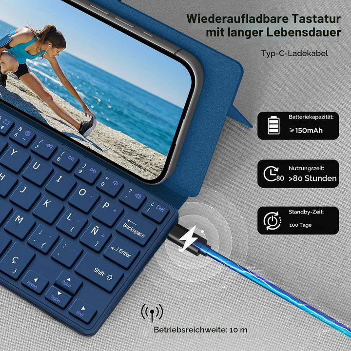 CACOE Bluetooth Tastatur mit Ständer, Mini Tastatur für Handy, Ultraflache Tragbare, Faltbare, Dual-