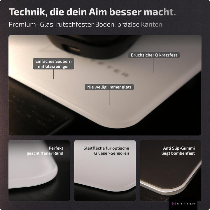 Nyfter Glas Gaming Mauspad 50x50 – Ultra-Präzise Oberfläche, Gehärtetes Glas, Vollsilikon-Anti-Rutsc