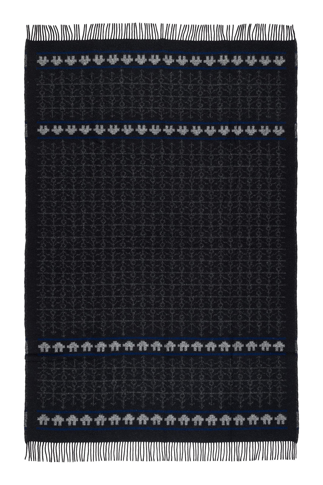 ÖJBRO VANTFABRIK "Ekshärad Natt gewebte Wolldecke mit Fransen 130x220 cm schwarz/grau/blau 100% Meri
