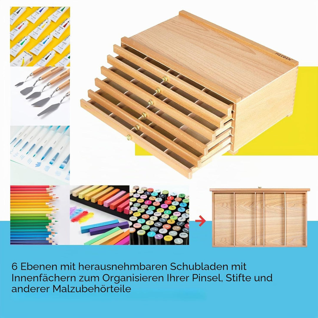 MEEDEN Aufbewahrungsbox für Künstler, 6 Schubladen, tragbar, Buchenholz, für Künstler und Pinsel, Au