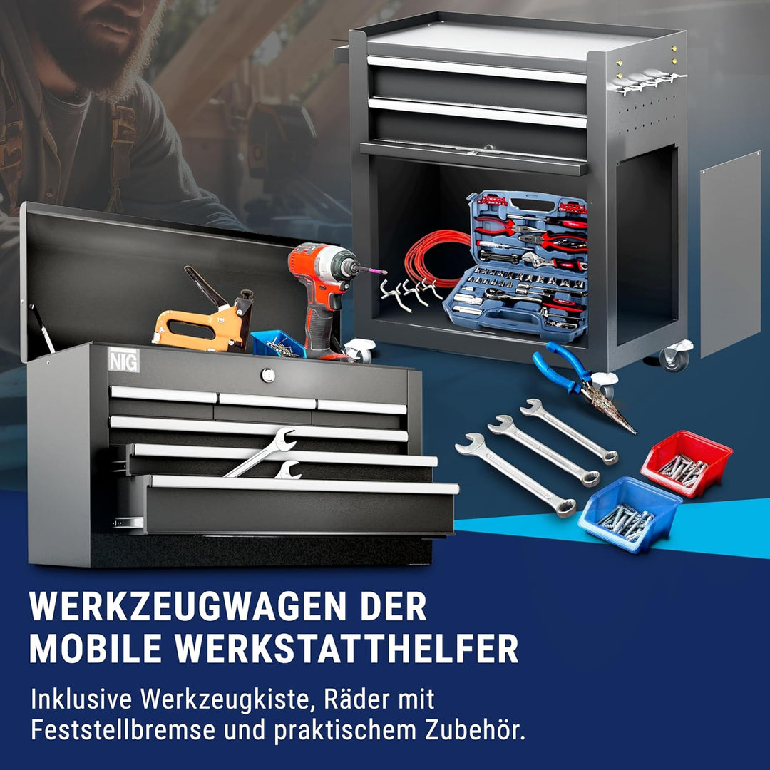 NTG Werkstattwagen Werkzeugwagen mit Werkzeugkiste | OHNE Werkzeug | 8 Schubladen + grosses und klei
