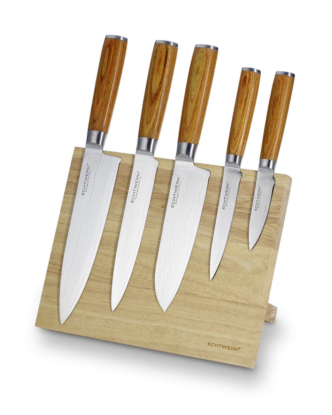 Echtwerk Damastmesser Set 6 Teilig, Holz, Silber, 21,5 x 12,5 x 35,7 cm, 6-Einheiten(5 Messer + Mess
