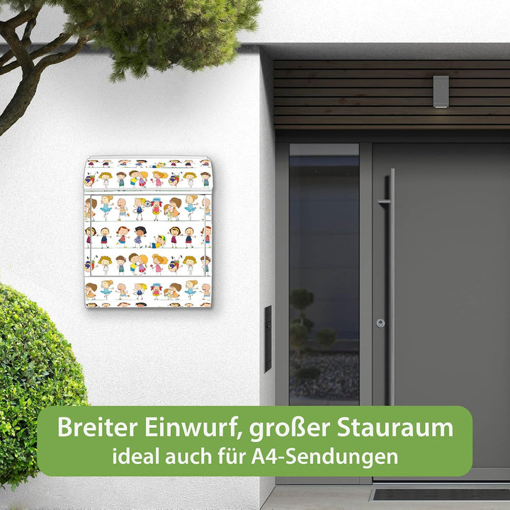 banjado® Design Briefkasten mit Motiv Kinder 39x47x14cm &amp; 2 Schlüssel - Briefkasten Stahl weiss mit