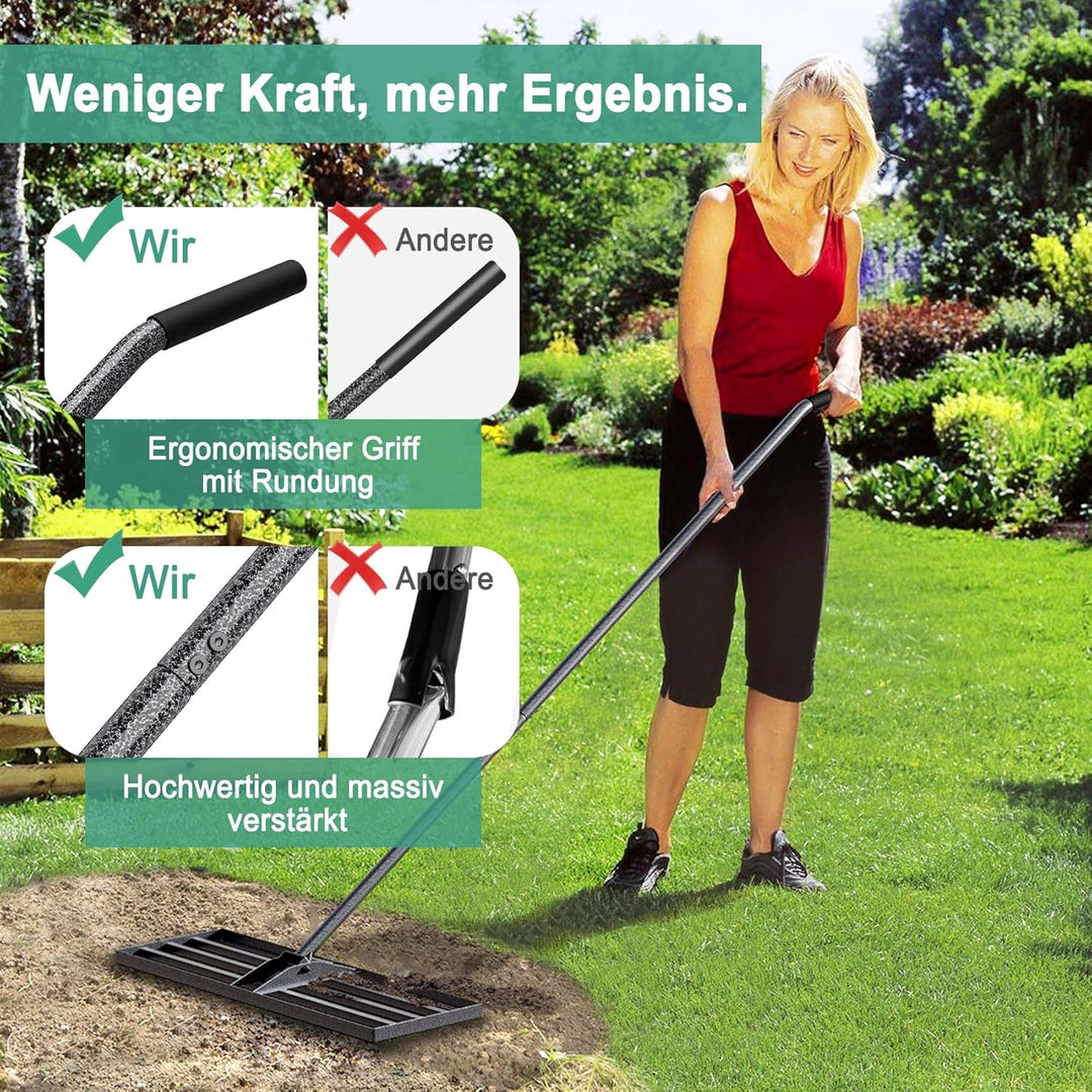 Rasenlevelrakete 76x25cm mit verstellbarem Stiel, rostschutzbeschichteter Rasenrechen aus Stahl für