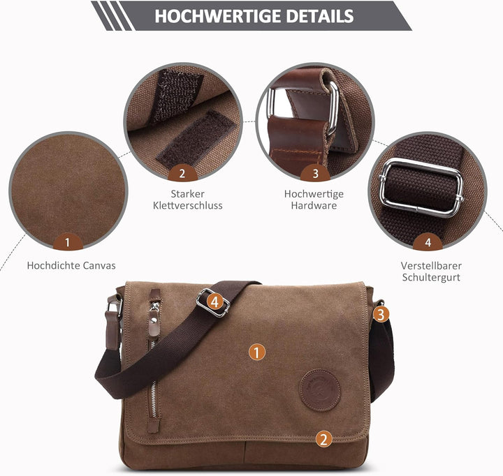 DORRISO Mode Umhängetasche Herren Schultertasche Canvas Schultertaschen für 14 Zoll Laptop Kuriertas
