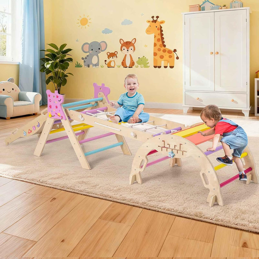 HOMASIS 4 in 1 Kletterdreieck mit Kletternetz, Kletterbogen, Wippe &amp; Leiter, Klettergerüst mit doppe