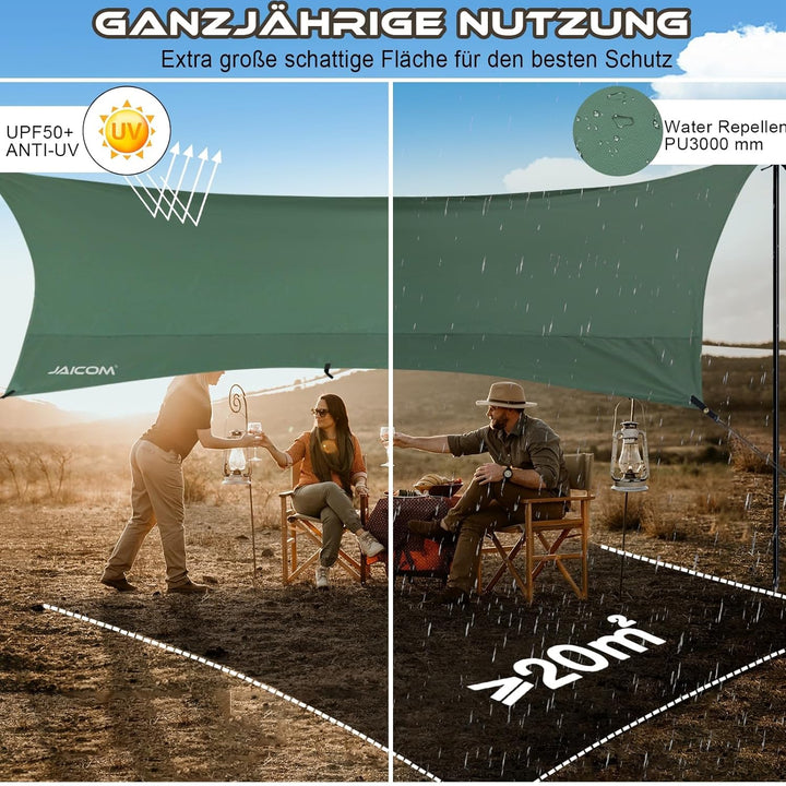 JAICOM Tarp 3,7 x 4,3 Wasserdicht, Ultraleicht Zeltplane Mit Stützstangen, Ösen, Aluminiumstiften, N