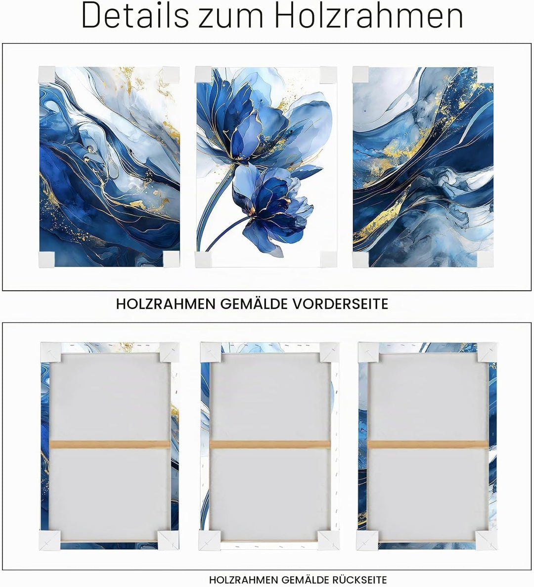 3Pcs Aquarell Gold Blau Lotusblume Mit Rahmen Leinwand Bilder Abstrakt Marineblau Marmor Bild auf Le