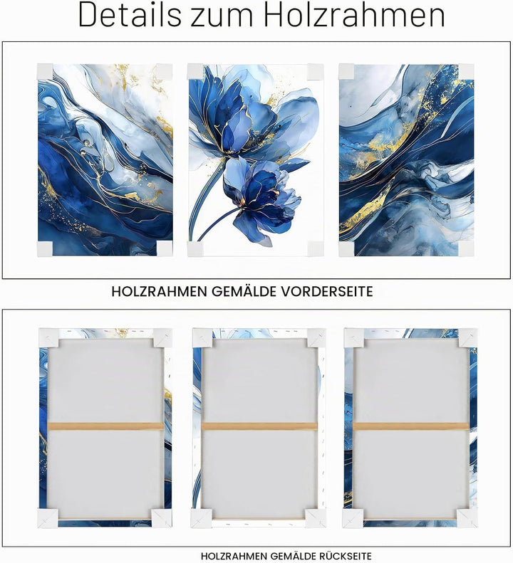 3Pcs Aquarell Gold Blau Lotusblume Mit Rahmen Leinwand Bilder Abstrakt Marineblau Marmor Bild auf Le