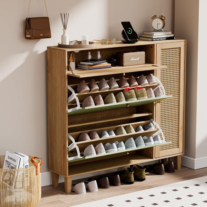 UEV Schuhschrank mit 4 Klappen 107x24x105cm, Schuhkipper schmal ratten Schuhkommode im Flur, platzsp