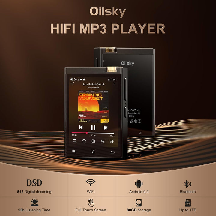 HiFi MP3 Player mit Bluetooth und WiFi, Oilsky 80GB tragbarer Android 9.0 Spotify MP3-Player, 2,8&