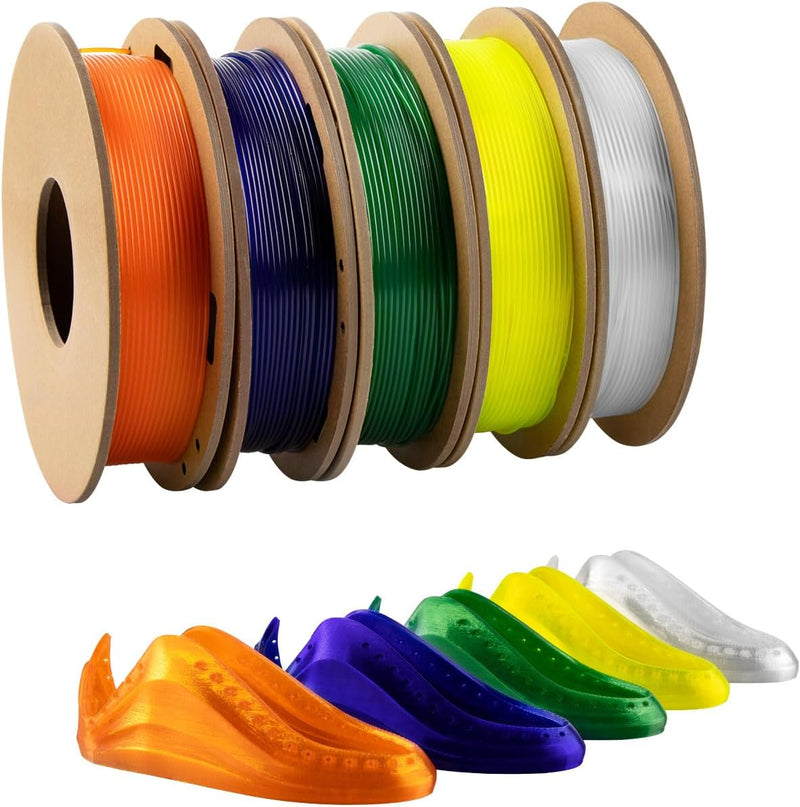 TPU Filament 1.75mm Bundle, TINMORRY 3D Printer Filament Bundle, 200g x 5 Spools, Transparent + Tran