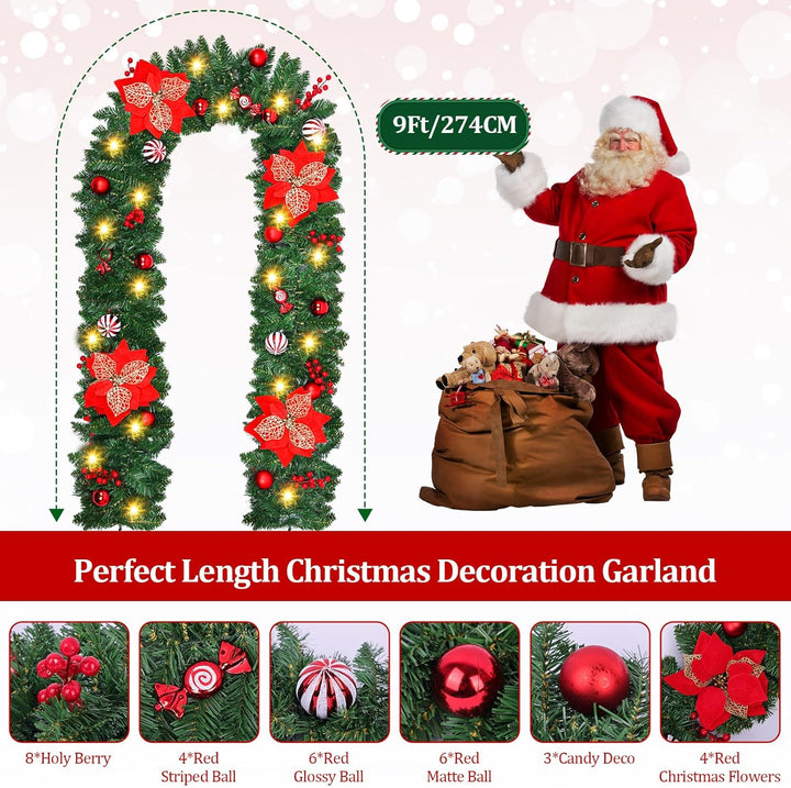 Timiyou Girlande Weihnachten 2.7m mit 30 LED-Lichtern Timer, Tannengirlande für Drinnen & Draussen,