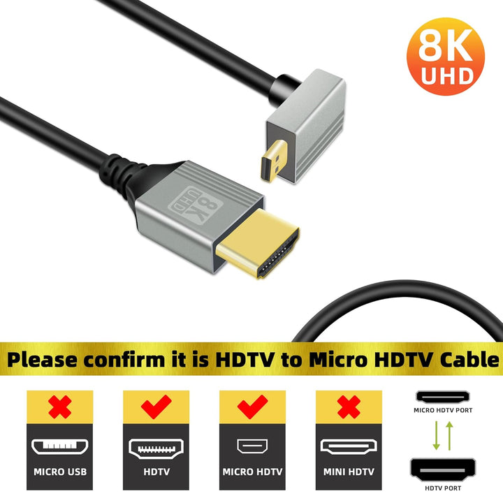 GELRHONR 90-Grad-Micro-HDTV-zu-HDTV-Kabel, 48 Gbit/s Ultra-Unterstützung für 8K@60Hz und 4K@120Hz, f
