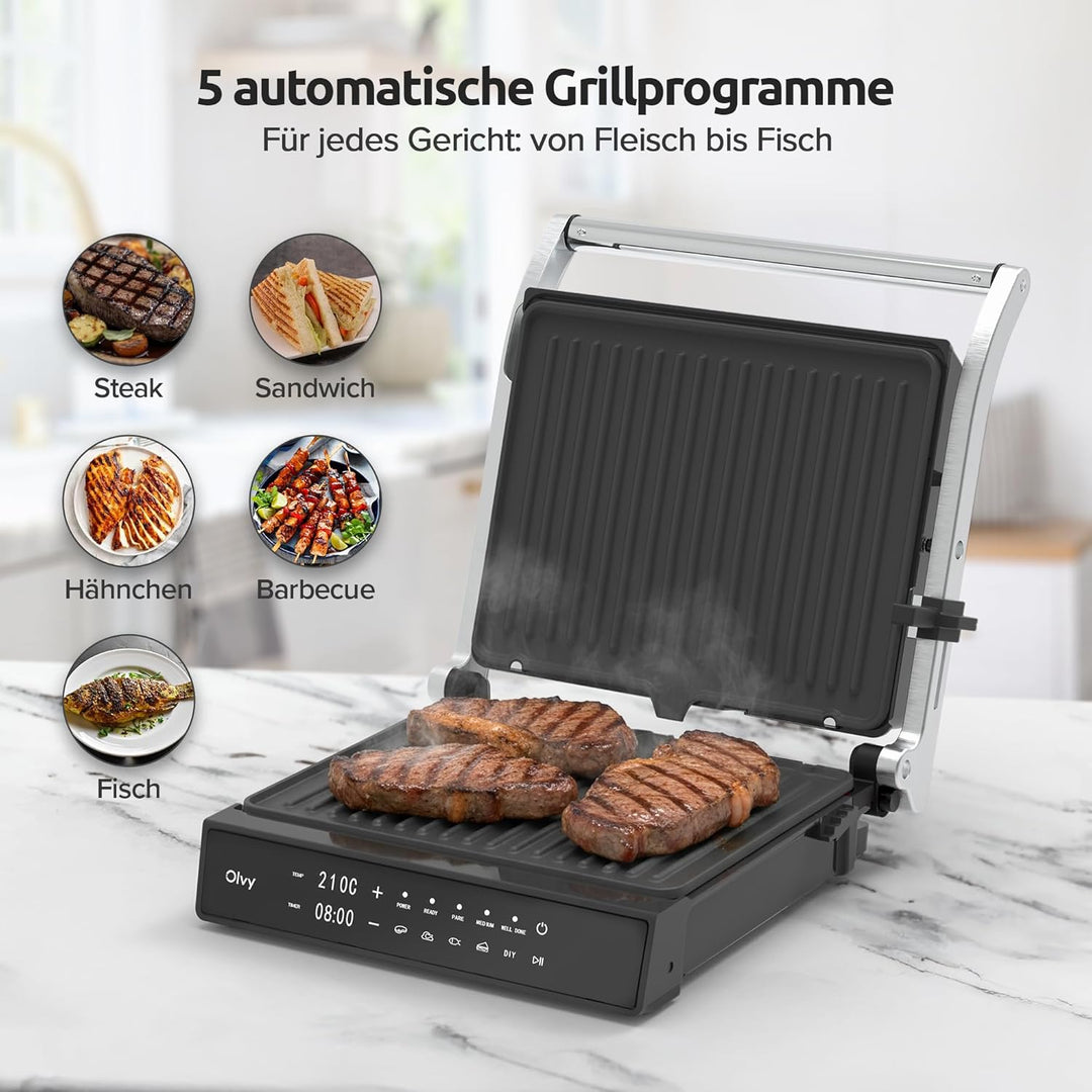 Olvy Kontaktgrill mit Touchscreen – PFAS-frei – 5 Automatische Programme – 180° Öffnung, 2000 W – Ab
