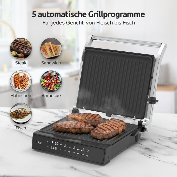 Olvy Kontaktgrill mit Touchscreen – PFAS-frei – 5 Automatische Programme – 180° Öffnung, 2000 W – Ab