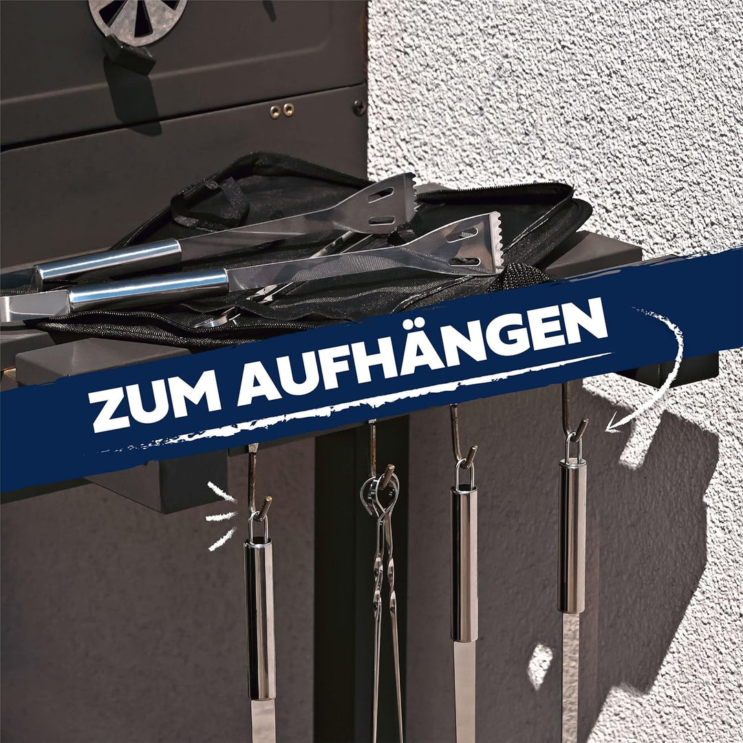 Praknu 𝗘𝘀𝘀𝗲𝗻𝘁𝗶𝗲𝗹𝗹𝗲𝘀 Grillbesteck Set aus Edelstahl - Hitzebeständig &amp; Rostfrei inkl. praktischer Tra