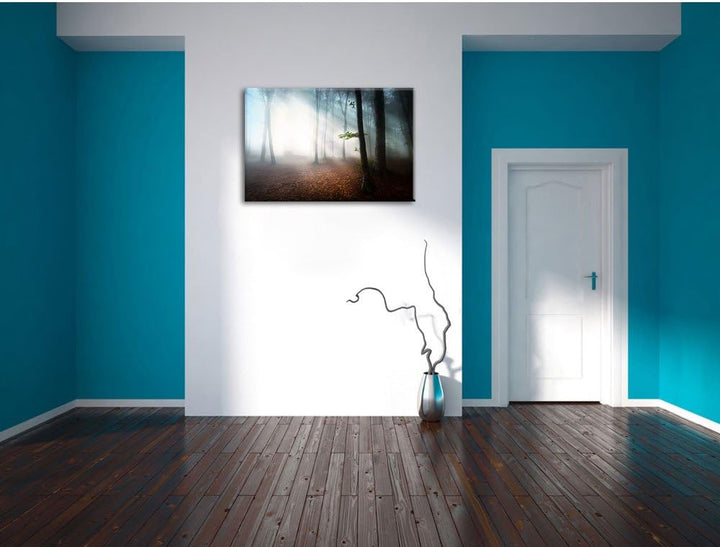 Düsterer Wald im Nebel, Format: 100x70 auf Leinwand, XXL riesige Bilder fertig gerahmt mit Keilrahme