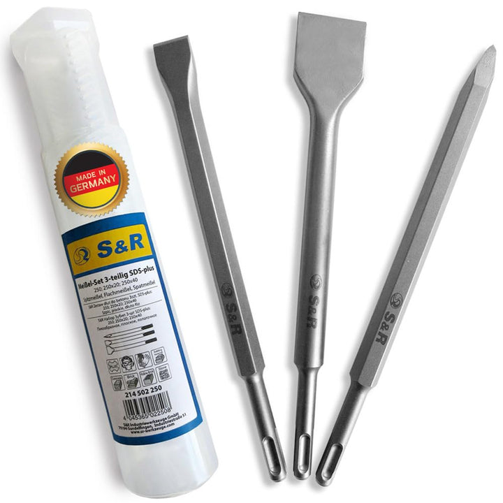 S&R Meissel-Set 3-tlg. Made in Germany in Industrie-Qualität, SDS-plus, Spatmeissel, Flachmeissel, S