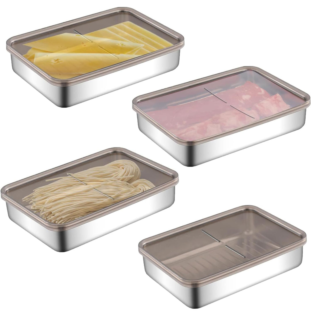 Kongming 4 Stück Edelstahl Aufschnittboxen für Kühlschrank Wurst Aufbewahrung Vorratsdosen mit Decke