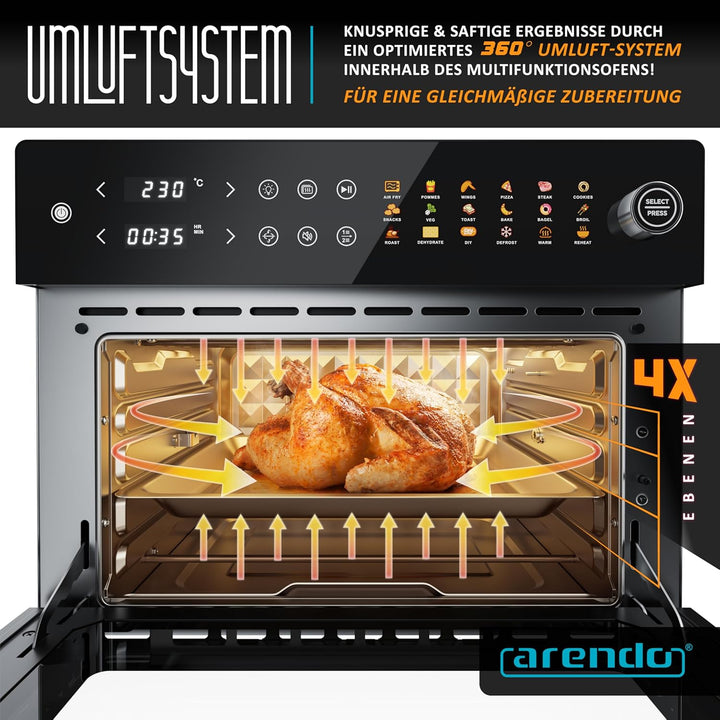 Arendo - Minibackofen 30l - Heissluftfritteuse 30 Liter - Edelstahl - Multifunktionsofen Umluft - mi