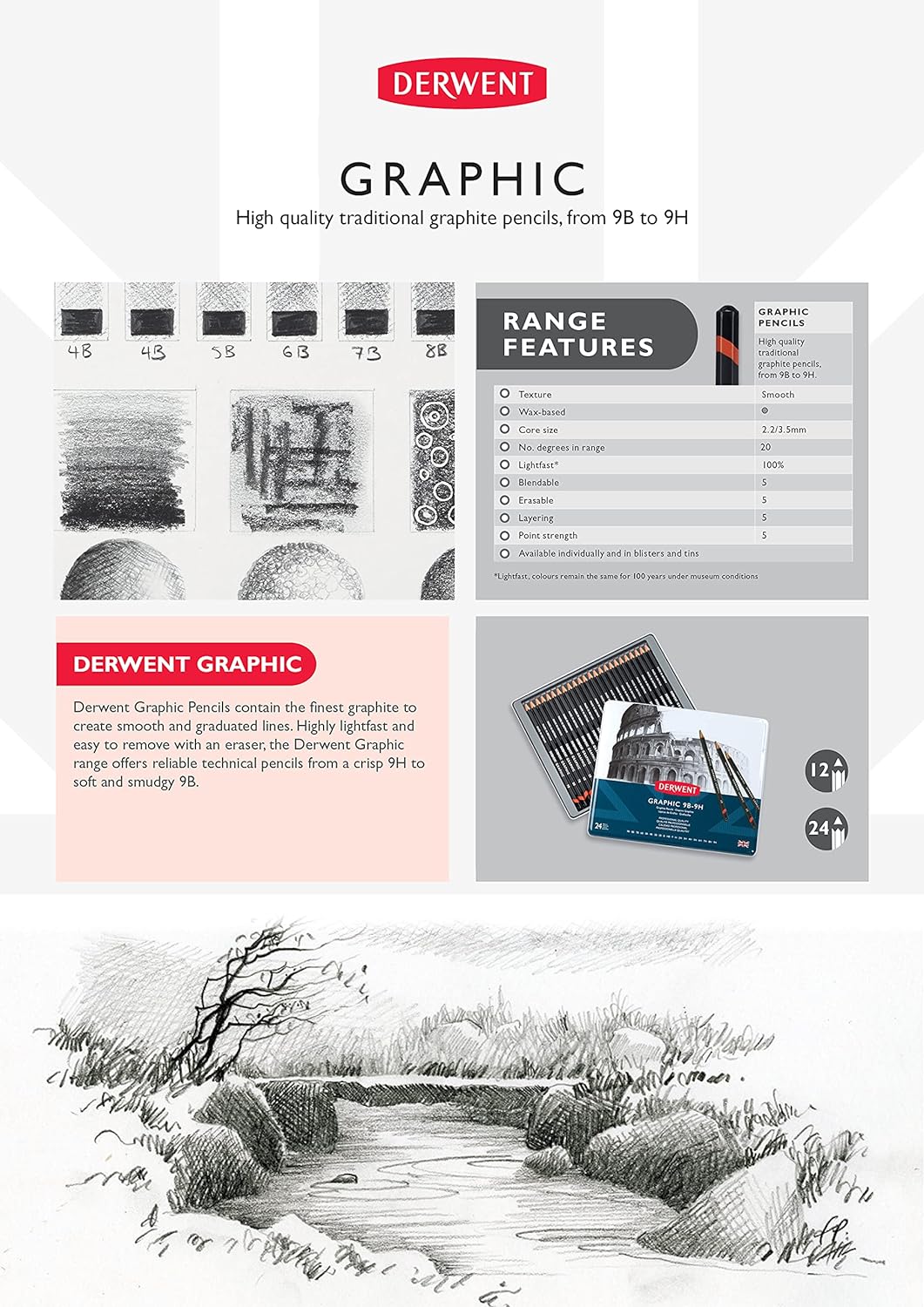 Derwent Sketching Collection, Kollektion von Bleistiften und Skizzierstiften in einer Geschenk-Box a