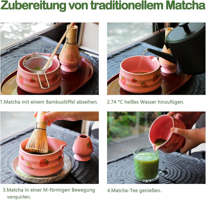 Matcha Set mit Erdbeermuster, Bestehend aus Schale mit Ausguss, Schneebesen, Halter, Bambuslöffel un
