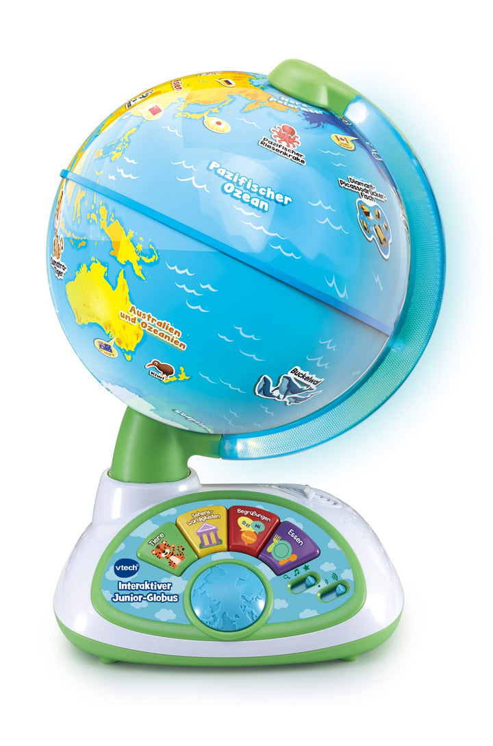 VTech Interaktiver Junior-Globus – Leuchtender Kinderglobus mit 48 Touch-Punkten, 3 Spielmodi und Mu