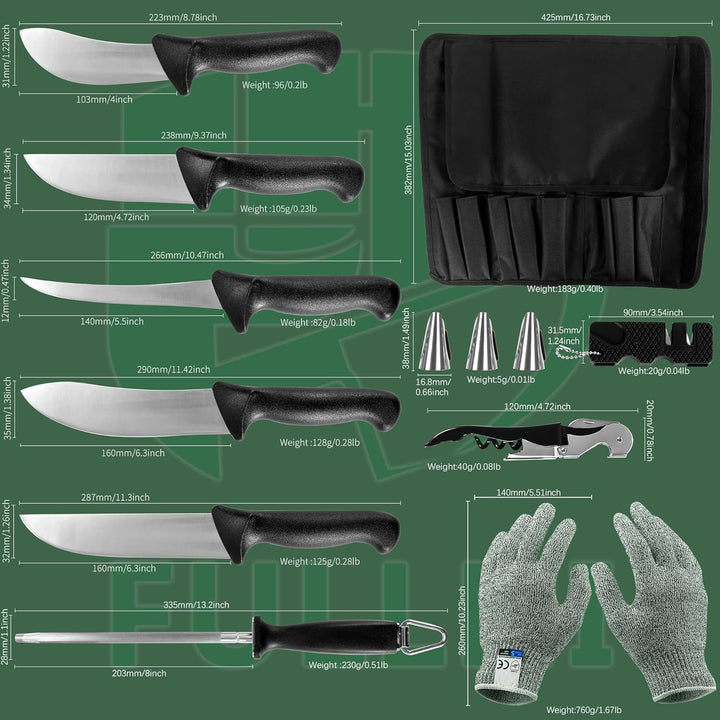 FULLHI 11PCS Metzger Messer Set, Anti-Rutsch-Metzger Ausbeinmesser Edelstahl Kochmesser Set, Fleisch