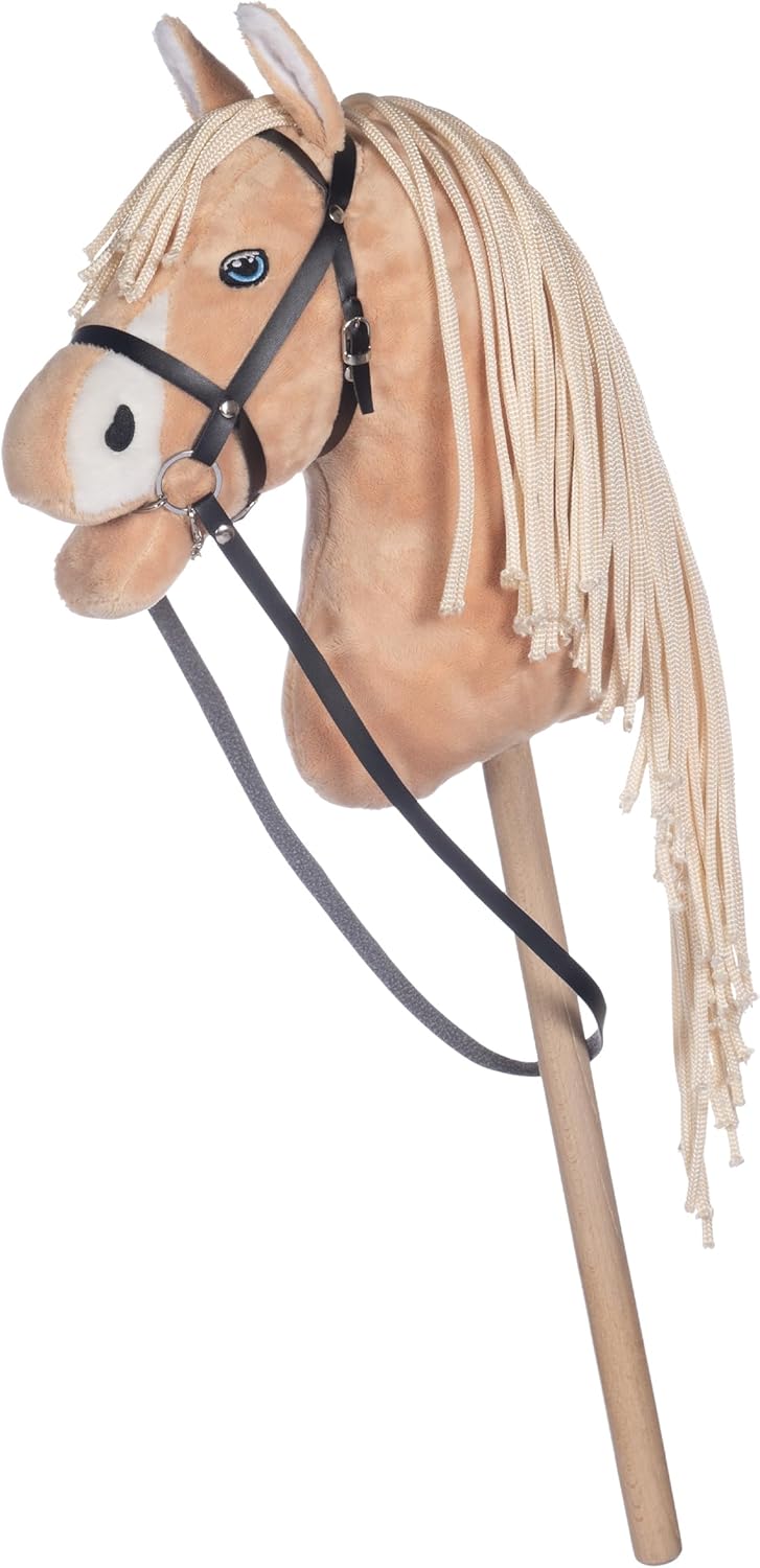 HKM Kids Hobby Horse, Palomino, Beige, mit Halfter und Führstrick in Dunkelblau, Steckenpferd für Ki