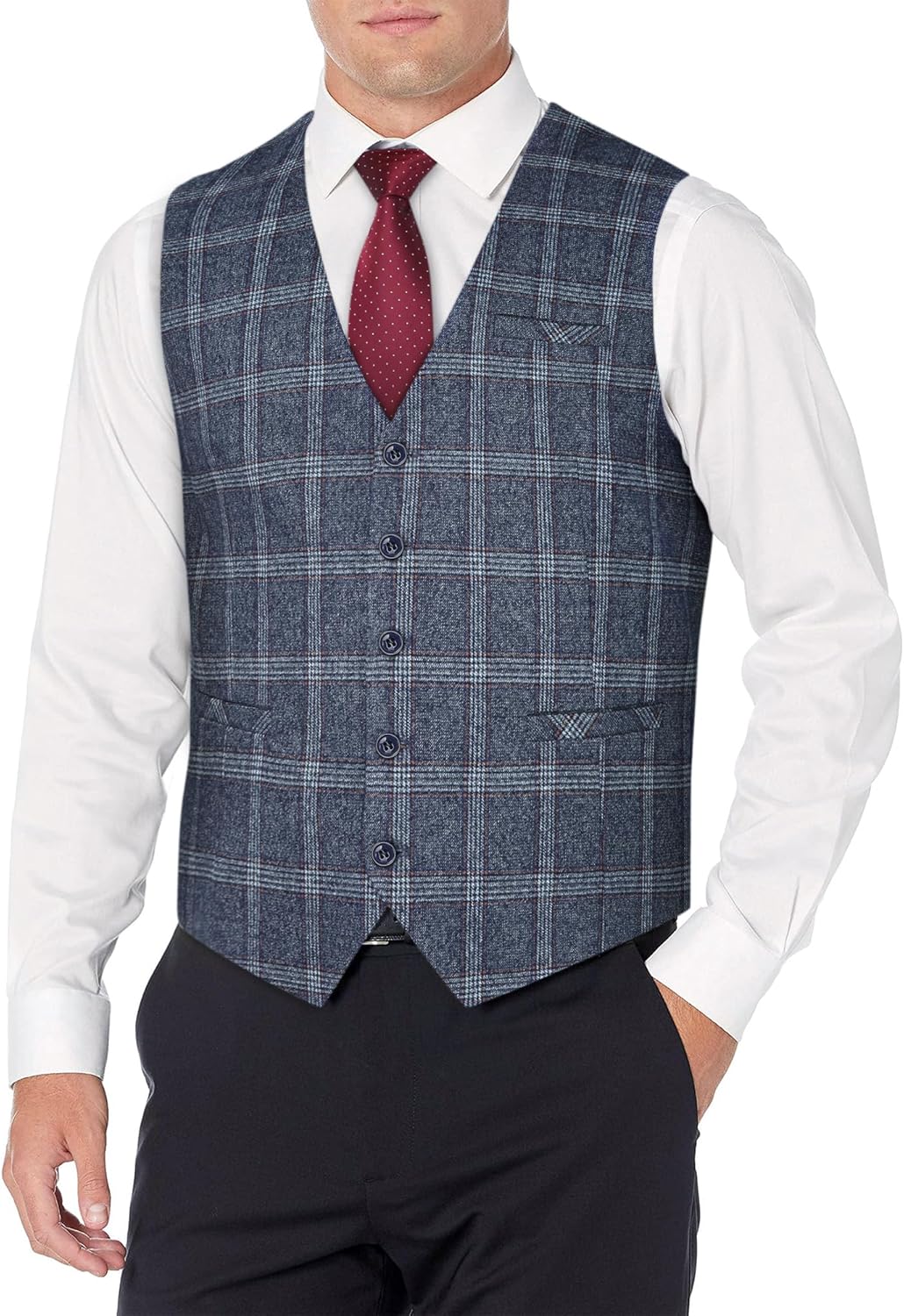 HISDERN Karierte Weste Herren Formale Klassische Weste Baumwolle Hochzeit Hahnentritt Anzugweste S B
