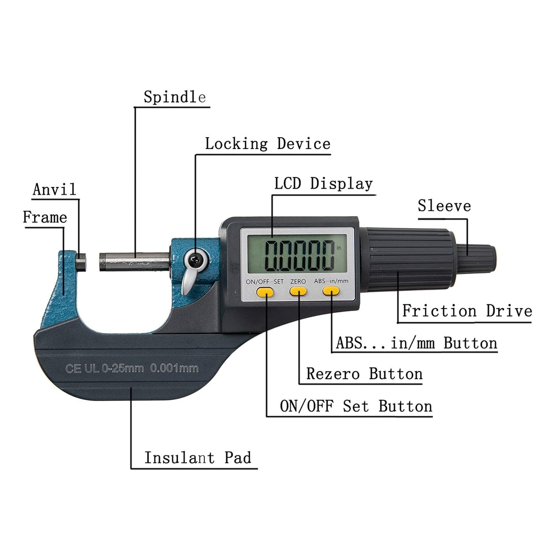 Beslands Mikrometer Digital Bügelmessschraube 0-25mm/ 0.001mm Hohe Präzision Elektronische Digitale